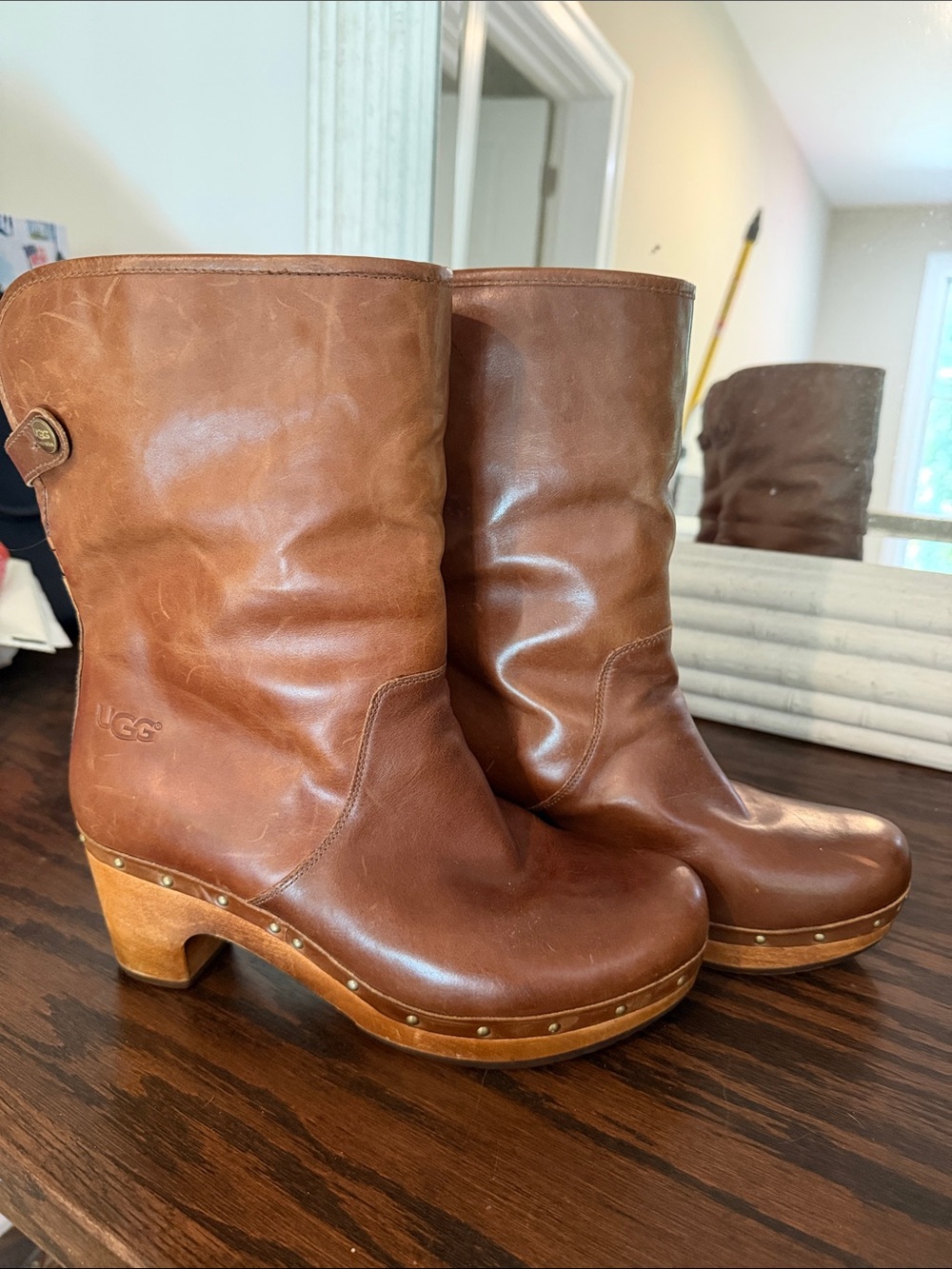 UGG Women's Chestnut Brown Leather Heeled Clog Boots